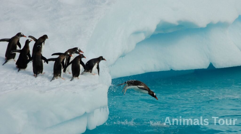 Penguins waddling across snowy ice
