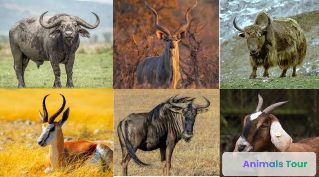 Different animals with horns